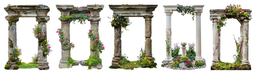 Naklejka premium PNG Ancient columns adorned with flowers on transparent background