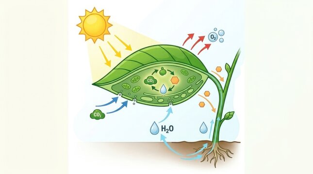 Plant leaf diagram illustrating essential biological photosynthesis process, converting sunlight energy, water molecule, and carbon dioxide gas into oxygen byproduct and glucose sugar for growth.