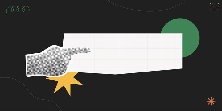 Trendy halftone collage of person hand pointing at blank grid paper with copy space on dark background, flat design concept for workflow mapping, business planning, strategy, and process design.