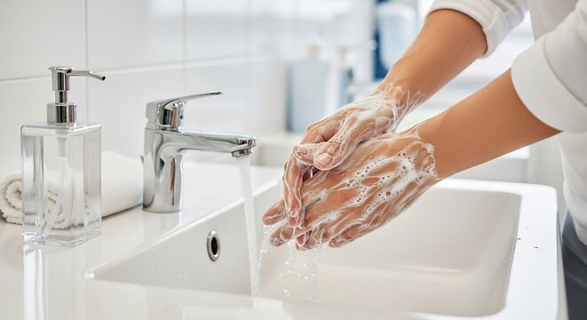 Person washing hands thoroughly with soap and water in a clean bathroom sink.
