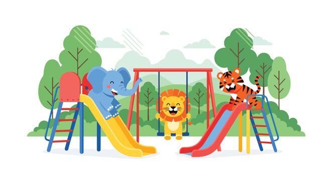 Flat style illustration of baby animals playing in playground with slides and swings, ideal for kids outdoor themes, nursery decor, and playful illustration designs