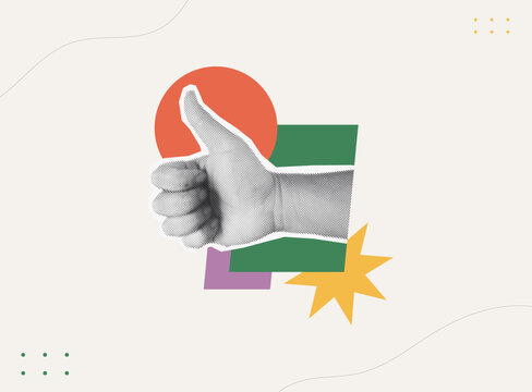Trendy halftone collage of person hand giving thumbs up with colorful geometric shapes and star burst on light background, flat design concept for positive validation, approval, and success.