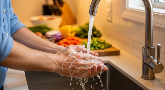 Person washing hands under running water in a modern kitchen sink with fresh vegetables in the background.