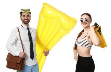 Office workers dreaming about vacation. Man and woman with inflatable mattress, diving mask and swim flippers on white background © New Africa