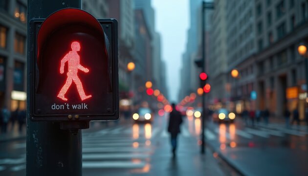 Red pedestrian light shows dont walk symbol. City street crossing with wet road and car lights blur. Pedestrians wait for green signal in urban area.