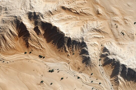 Top-down satellite image of a vast desert landscape with arid terrain and dramatic shadows
