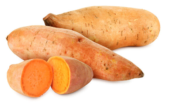 Sweet potatoes isolated on white. Whole and sliced