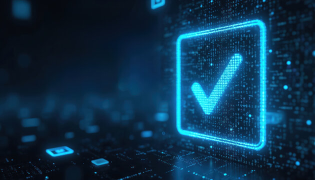 Glowing blue checkmark in digital cyberspace. Abstract tech background with binary code and neon circuit board elements. Computer verifies data security and online safety. Approval confirmation.