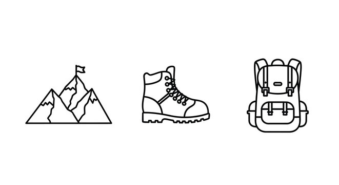 Mountain hiking boot and backpack icons in a minimalist style silhouette