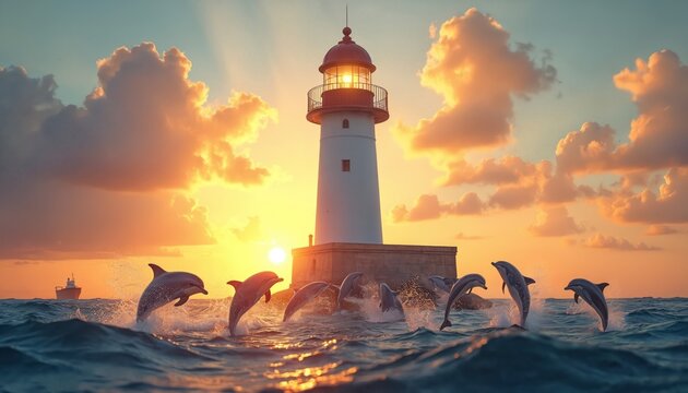 Lighthouse at sunset with dolphins jumping in ocean waves. Warm sky with clouds and a ship in distance. Marine life and coastal landmark together.