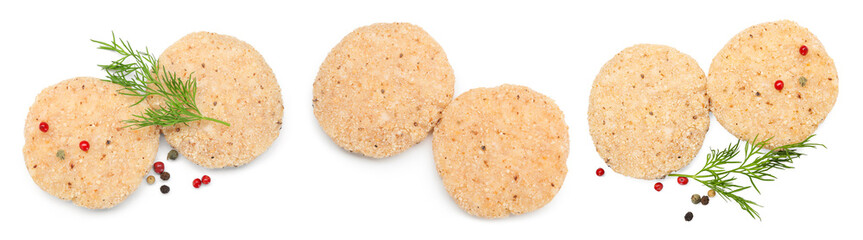 Naklejka premium Uncooked meat patties isolated on white, set. Top view