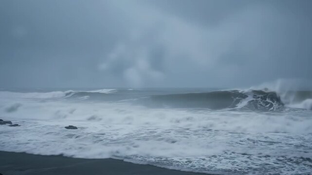 Powerful Ocean Waves Crashing During Stormy Weather at Sea.