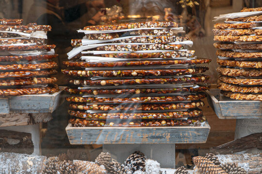 Big French nut cookies in show window in Annecy in France