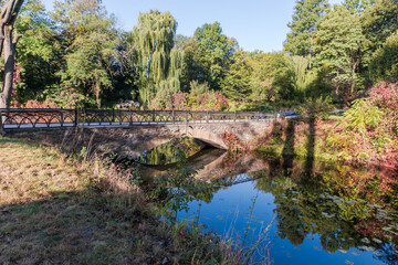 Obraz premium Decorative arched stone footbridge with railing in autumn park