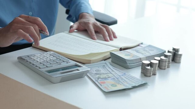 Businessman calculating and take note in the notebook with three stacks of coins and cash arrange separated on the table. Concept for financial planning or budgeting