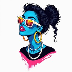 Fototapeta premium Blue toned woman wears oversized sunglasses reflecting city skyline. She sports large hoop earrings and pearl necklace. Her hair is styled in a high bun. She has bold pink lipstick.