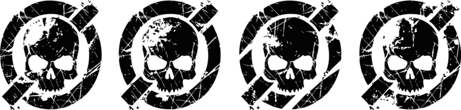 Grunge skull symbol with crossed line and circular pattern, distressed vintage design graphic