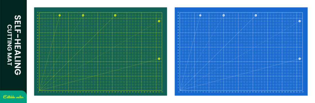 Self-healing cutting mat design board set. Professional grid scale and measurement rulers. Vector illustration transparent background