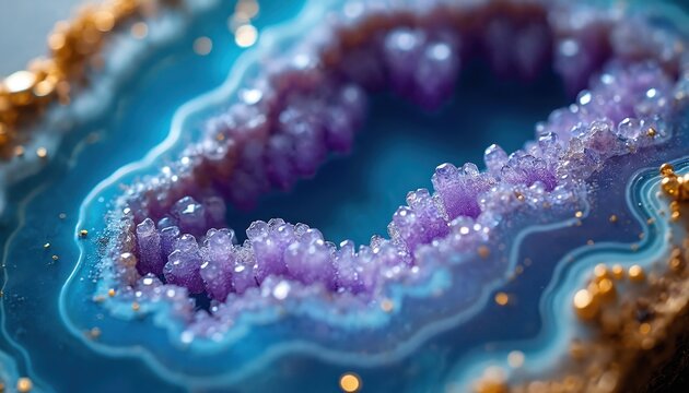 Close up of amethyst geode with blue agate layer and gold flecks. Violet crystals sparkle with water drops. Natural mineral formation with shiny texture.