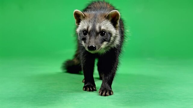 Ferret Moving Across Green Studio Floor Carefully Advancing