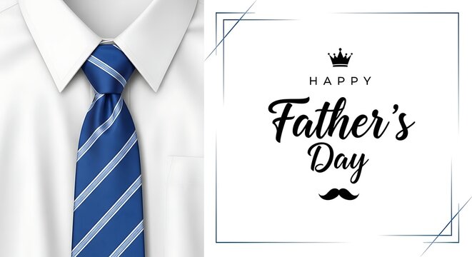 Elegant white dress shirt with blue striped necktie for a happy father's day greeting card design