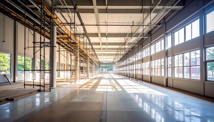 Obraz premium Large, bright industrial interior with sunlight streaming through windows. Metal frameworks present
