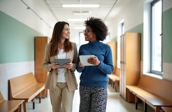 Two diverse female teachers with tablets walk down a school corridor. They happily while colleagues pass by. Teachers use tech for education.
