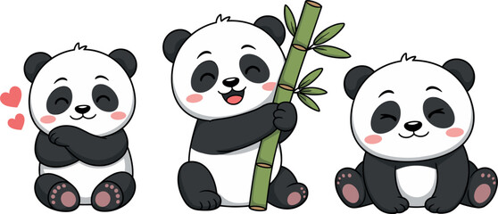 Cute panda characters set, baby bears with bamboo, adorable cartoon animals vector illustration collection © Kaiyum