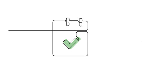 Single line art calendar with green checkmark symbolizing completed task or schedule vector illustration © Akhi