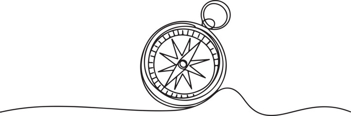 Continuous one line drawing of traveller compass. One line drawing illustration of compass navigate and adventure. one line drawing vector illustration © Misho x Mamun