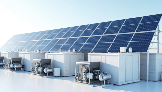 Renewable energy microgrid with solar panels and generator units. Modern clean power station infrastructure generating electricity for local grid. Green tech for sustainable future.
