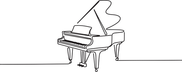 Grand piano one line art. Continuous line drawing of classical, musician, acoustic, piano, chord, antique, music, keyboard, concert. one line drawing vector illustration © Misho x Mamun