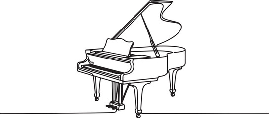 Grand piano one line art. Continuous line drawing of classical, musician, acoustic, piano, chord, antique, music, keyboard, concert. one line drawing vector illustration © Misho x Mamun