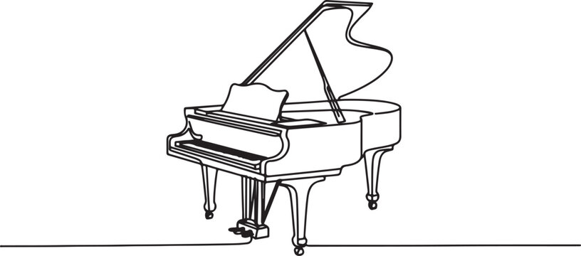 Grand piano one line art. Continuous line drawing of classical, musician, acoustic, piano, chord, antique, music, keyboard, concert. one line drawing vector illustration