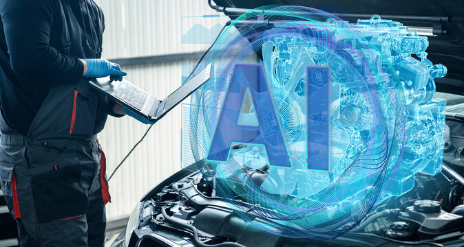 Car mechanic using AI diagnostic interface and augmented reality for vehicle repair