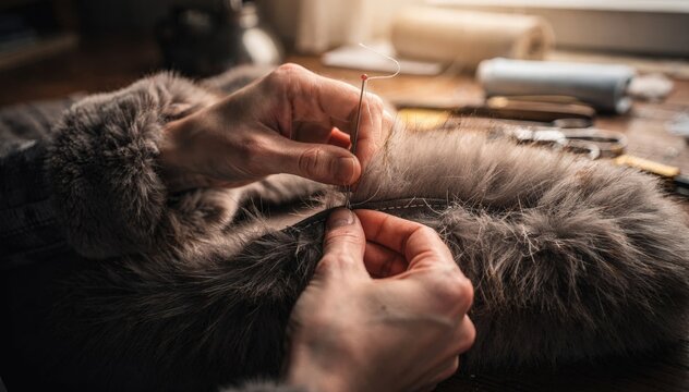 Closeup of a tailor carefully handstitching soft fur cuffs onto a garment highlighting intricate needlework and textured fur detail in a cozy studio setting.