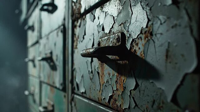 A close-up video of a rusty old safe with peeling paint and a broken handle