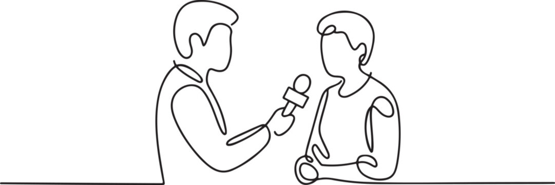 Continuous line drawing live news template with microphone interviewers icon vector illustration concept. one line drawing vector illustration