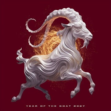 White sculptural goat with flowing horns on a red background with fiery accents and text "year of the goat 2027" curled horns digital art animal spirit sculpture background oriental