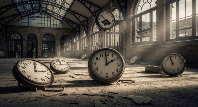 Vintage clocks inside a grand hall with sunlight streaming through windows