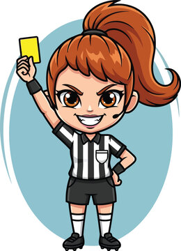 Cartoon female referee in a striped uniform holding up a yellow card with a smile