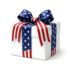 Fototapeta premium A white gift box adorned with a patriotic ribbon and bow on a plain background