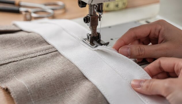 Closeup of a tailor sewing a fusible waistband interfacing to fabric ensuring smooth adhesion and neat structure for a polished garment finish.