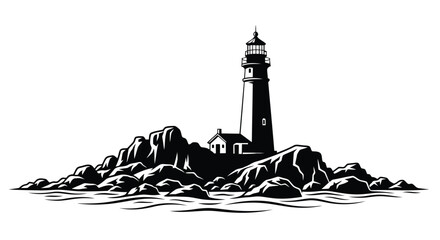 A black and white lighthouse on a rocky island © NurJahan