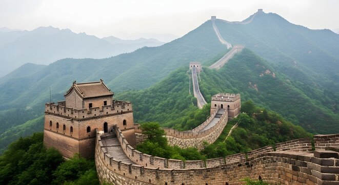 The great wall of china snaking through mountains and valleys with watchtowers and fortifications