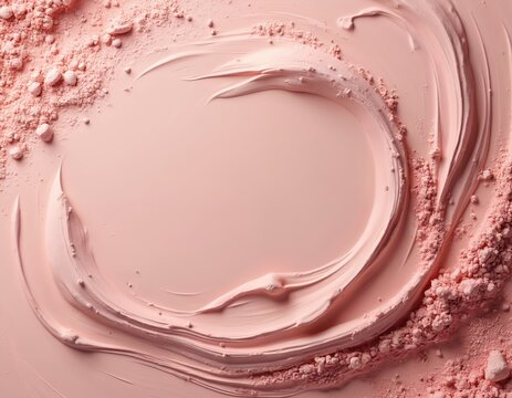Close up of pink cosmetic powder swirled on a flat surface with copy space. Texture of dry clay and crushed powder forms curves and rough edges creating artistic background.