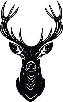 Majestic deer head silhouette with large antlers vector illustration isolated on white background for wildlife design