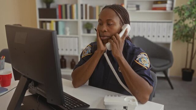 Police officer woman holds handset to ear, dials keypad and types at computer with visible badge at desk in building; focused duty.