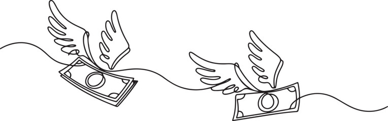 Obraz premium Continuous line design of flying winged money. Symbol of spending bills, loss of money one line drawing vector illustration