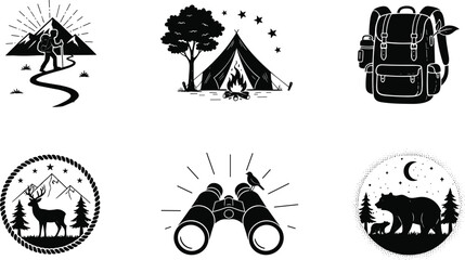 Hiking mountain path, camping tent night, travel backpack, wildlife deer forest, binocular birdwatching, bear cub nature, outdoor adventure icons, vector design © MSTMISLA